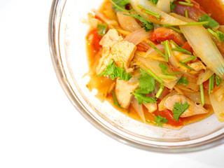 Thai local traditional homemade stir fried onion with chicken and tomato, parsley