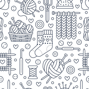 Knitting, crochet seamless pattern. Cute vector flat line illustration of hand made equipment knitting needle, hook, wool, scissors, cotton skeins. Background for yarn tailor store. Knitted with love.