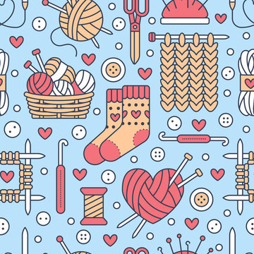 Knitting, crochet seamless pattern. Cute vector flat line illustration of hand made equipment knitting needle, hook, wool, cotton skeins. Colored background for yarn tailor store. Knitted with love.