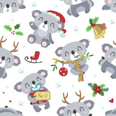 Fototapeta premium wektor kreskówka koala boże narodzenie kawaii bez szwu biały wzór
