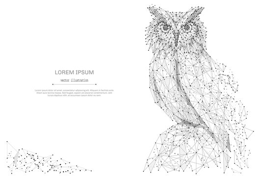 Owl isolated from low poly wireframe on white background. Wild bird of prey. Vector abstract polygonal image mash line and point hands collect puzzle with an inscription. Digital graphics