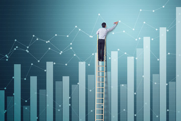 Businessman climb ladder to write dot graph with increasing graph, successful business
