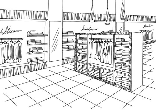 Shop interior graphic black white sketch illustration vector