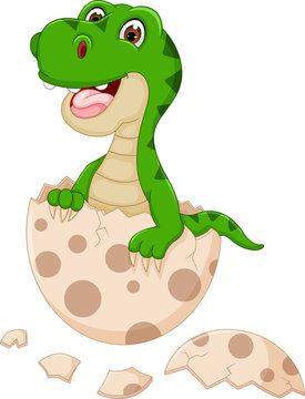 Cute baby green dinosaur cartoon hatching with head up and laugh