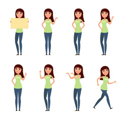 Fototapeta premium Set of woman, girl in casual clothes in different poses. A character for your design project. Vector illustration in flat and cartoon style