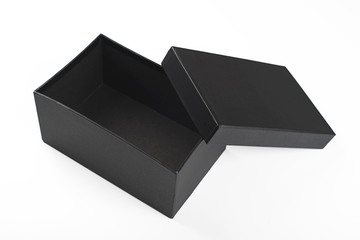 Top view of open black  box with lid on white background. Isolated.