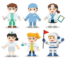 Fototapeta premium Kid Set of Different Medicine and Health care professions. Doctor, Scientist, Dentist, Astronaut, Nurse. Hospital workers. Vector illustration in a flat style. Isolated vector