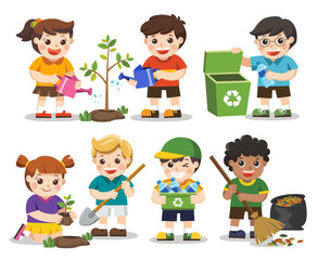Set of A cute kids. Save Earth. Waste recycling. Kids planted and watering young trees. they are gathering garbage and plastic waste for recycling. Isolated vector.