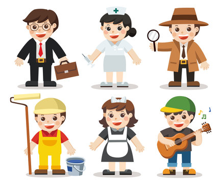 Kid Set of different professions. Musician, Maid, Detective, Nurse, Painter, Office Worker. Vector illustration in a flat style