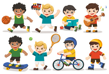 Set of adorable boys activity, some of cute boys playing with toys, read a book, playing sport including basketball, athletic, tennis, bicycle, skate rolling. Playing guitar and singing happily.