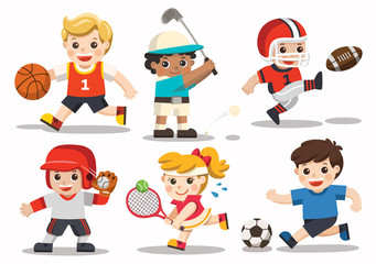 Team sports for kids including Football, Basketball, American Football, Baseball, Tennis, Golf.