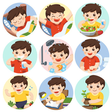 The daily routine of a cute boy on a white background. [sleep, brush teeth, take a bath, eat, wake up, draw a picture, sitting on the toilet, running, plant a tree]. Isolated vector