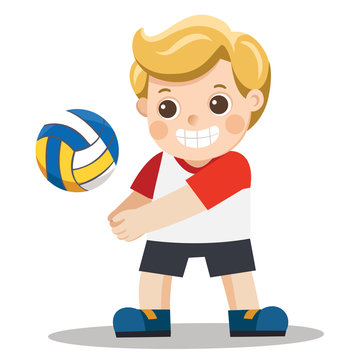 Funny little boy playing volley ball