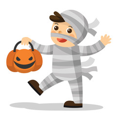 Happy Halloween. Funny little children in Mummy costume with pumpkin basket for Trick or Treat on white background.