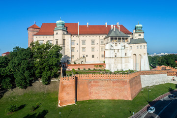 Historic royal Wawel castle in Krakow, Poland,  Aerial view in the morning