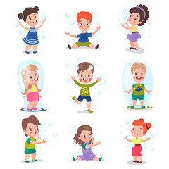 Cute little girls and boys blowing and playing with soap bubbles, set of cartoon vector Illustrations