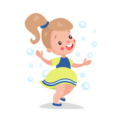 Fototapeta premium Sweet cartoon blonde little girl having fun playing with soap bubbles vector Illustration