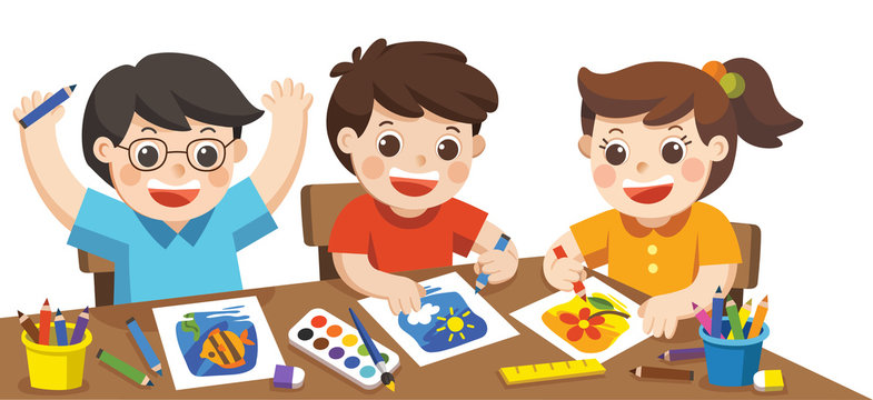 Back to school. Happy creative kids playing, painting,sketching in art class. Education and Enjoyment Concept