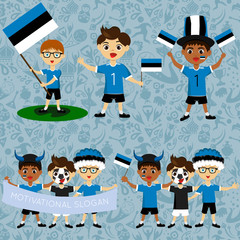 Set of boys with national flags of Estonia. Blanks for the day of the flag, independence, nation day and other public holidays. The guys in sports form with the attributes of the football team