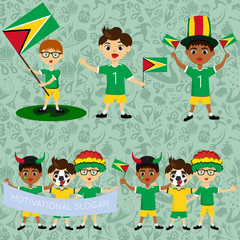 Set of boys with national flags of Guyana. Blanks for the day of the flag, independence, nation day and other public holidays. The guys in sports form with the attributes of the football team