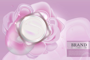 Cosmetic container with advertising background ready to use, top view, sweet pink skin care ad. Illustration vector