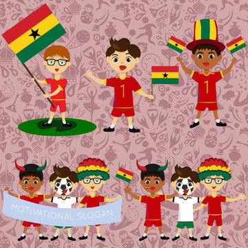 Set of boys with national flags of Ghana. Blanks for the day of the flag, independence, nation day and other public holidays. The guys in sports form with the attributes of the football team