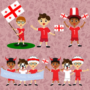 Set of boys with national flags of Georgia. Blanks for the day of the flag, independence, nation day and other public holidays. The guys in sports form with the attributes of the football team