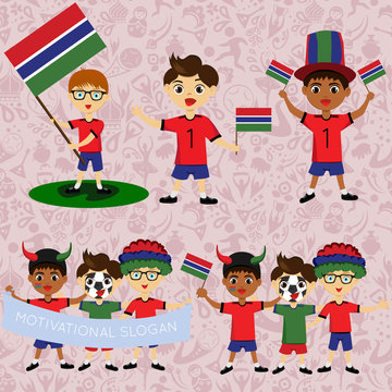 Set of boys with national flags of Gambia. Blanks for the day of the flag, independence, nation day and other public holidays. The guys in sports form with the attributes of the football team