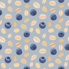 Seamless pattern with oat flakes and blueberries. Vector seamless pattern, hand drawn illustration. Oat flakes and blueberry background. - 170231909