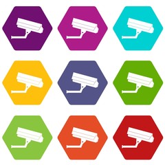 Surveillance camera icon set color hexahedron