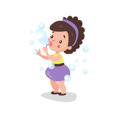 Sweet cartoon brunette little girl blowing and playing with soap bubbles vector Illustration