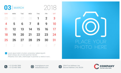 Calendar design template with place for photo. March 2018. Week starts on Sunday. Vector Illustration