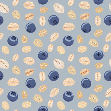 Seamless pattern with oat flakes and blueberries. Vector seamless pattern, hand drawn illustration. Oat flakes and blueberry background.
