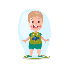 Sweet cartoon blonde little boy standing inside giant soap bubble vector Illustration