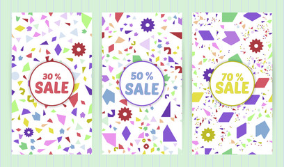 Fototapeta na wymiar Sale templates, discount banner with rando, chaotic, scattered geometric elements, colorful background. Vector illustration