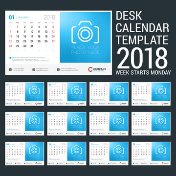 Desk calendar for 2018 year. Design template with place for photo. Week starts on Sunday. Set of 12 pages. Vector Illustration