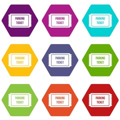 Parking ticket icon set color hexahedron