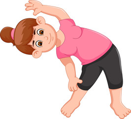 beautiful woman exercising various different yoga poses training with happiness cartoon