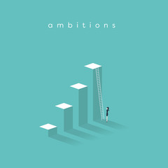 Business ambition, success and corporate ladder vector concept. Businesswoman standing in front of ladder trying to get promotion or to new opportunities. © jozefmicic