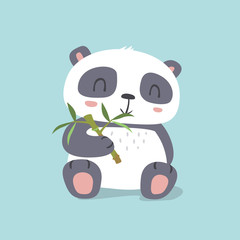 vector cartoon kawaii style cute panda eating bamboo  illustration