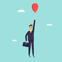 Businessman is flying in a hot air balloon. Flat design vector illustration.