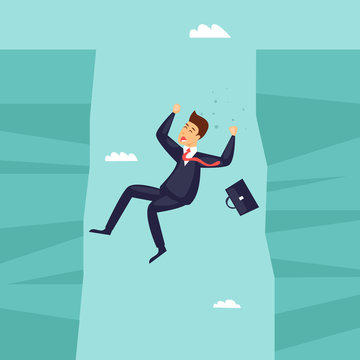 Businessman falls into the abyss, crisis, bankruptcy. Flat design vector illustration.