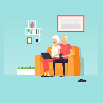 Pensioners are sitting on the Internet. Flat design vector illustration.
