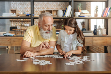 Grandfather and granddaughter being immersed into doing jigsaw puzzle