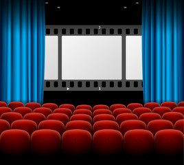 Cinema Movie Retro Concept with Seats Rows, Film Stripe and Curtains. Vector