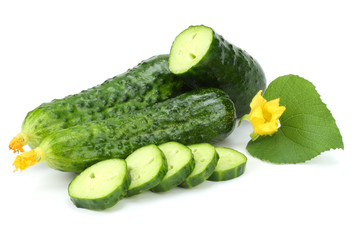 cucumber with sliced cucumber and leaf isolated on white background