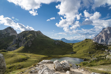 Small mountain lake in Dolomite alps