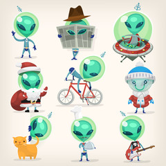 Colorful little green aliens with huge heads under disguise mastering earth traditions and doing it wrong. Isolated vector cartoons