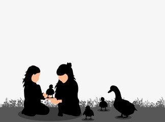 vector, isolated silhouette of children and ducklings