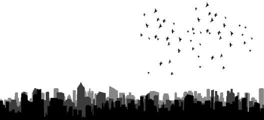 vector, isolated silhouette of flying birds over the city